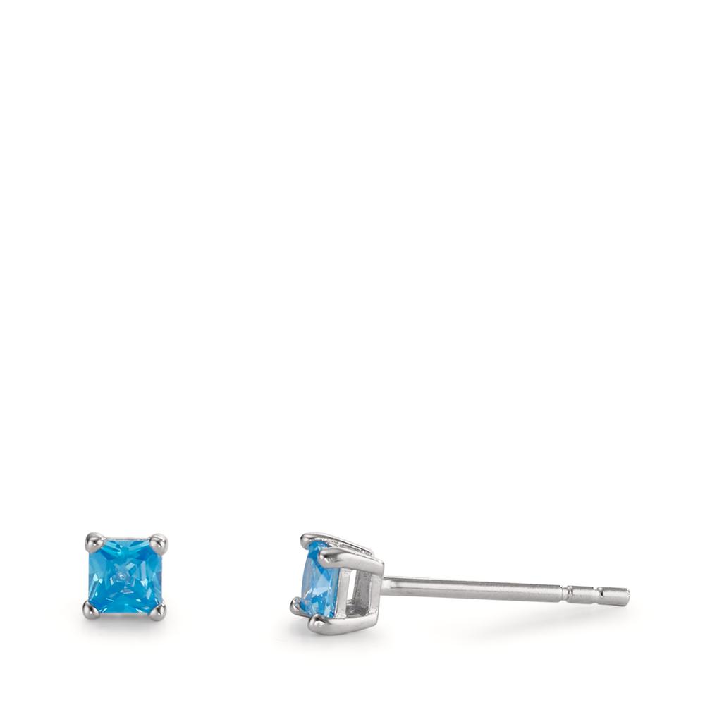Clous d'oreilles Argent Zircone bleu, 2 Pierres Rhodié Ø3.5 mm-606465