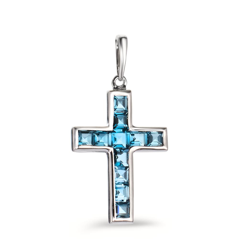 Pendentif Or blanc 9K Topaze London Blue 11 Pierres Croix-606758