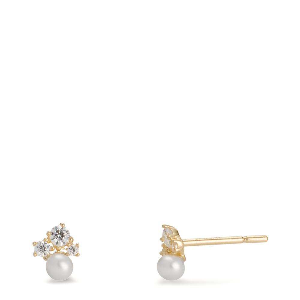 Clous d'oreilles Or jaune 9K Zircone 6 Pierres perle d'eau douce, 2 Perles, 2.5 mm-607142