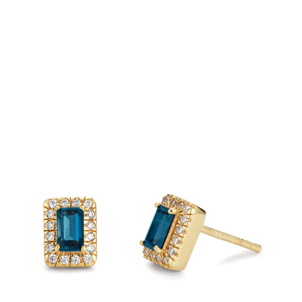 Clous d'oreilles Or jaune 9K Topaze London Blue 2 Pierres, Zircone 32 Pierres-607422
