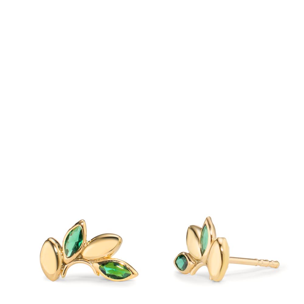 Clous d'oreilles Or jaune 9K Zircone vert, 4 Pierres Feuille-608036