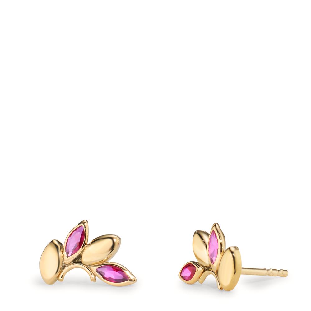 Clous d'oreilles Or jaune 9K Zircone rouge, 4 Pierres Feuille-608061