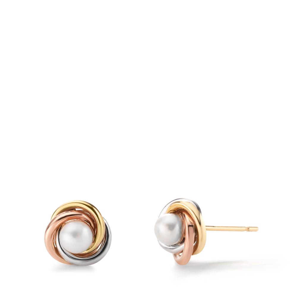 Clous d'oreilles Or jaune 9K, Or blanc 9K, Or rouge 9K perle d'eau douce, 2 Perles 3.5-4 mm Nœud Ø8 mm-608450