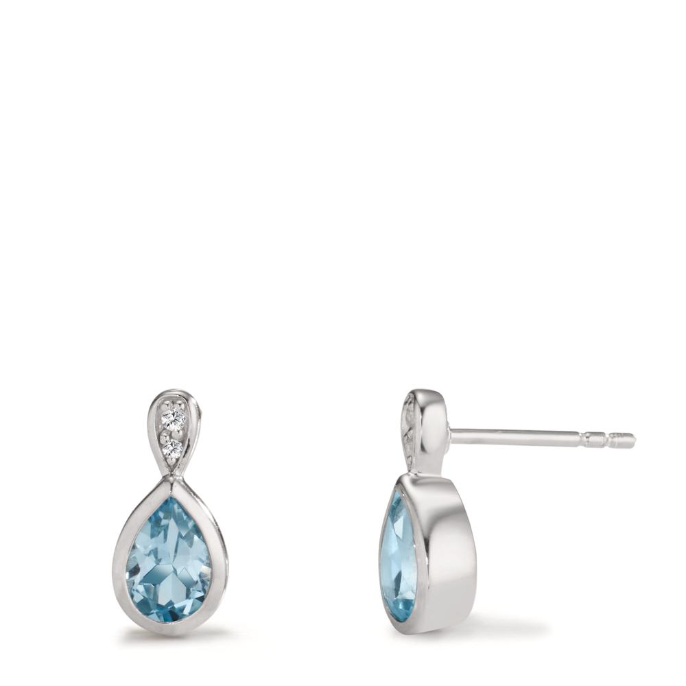 Pendant d'oreilles Argent Zircone 4 Pierres, Topaze bleu, 2 Pierres Rhodié-608504