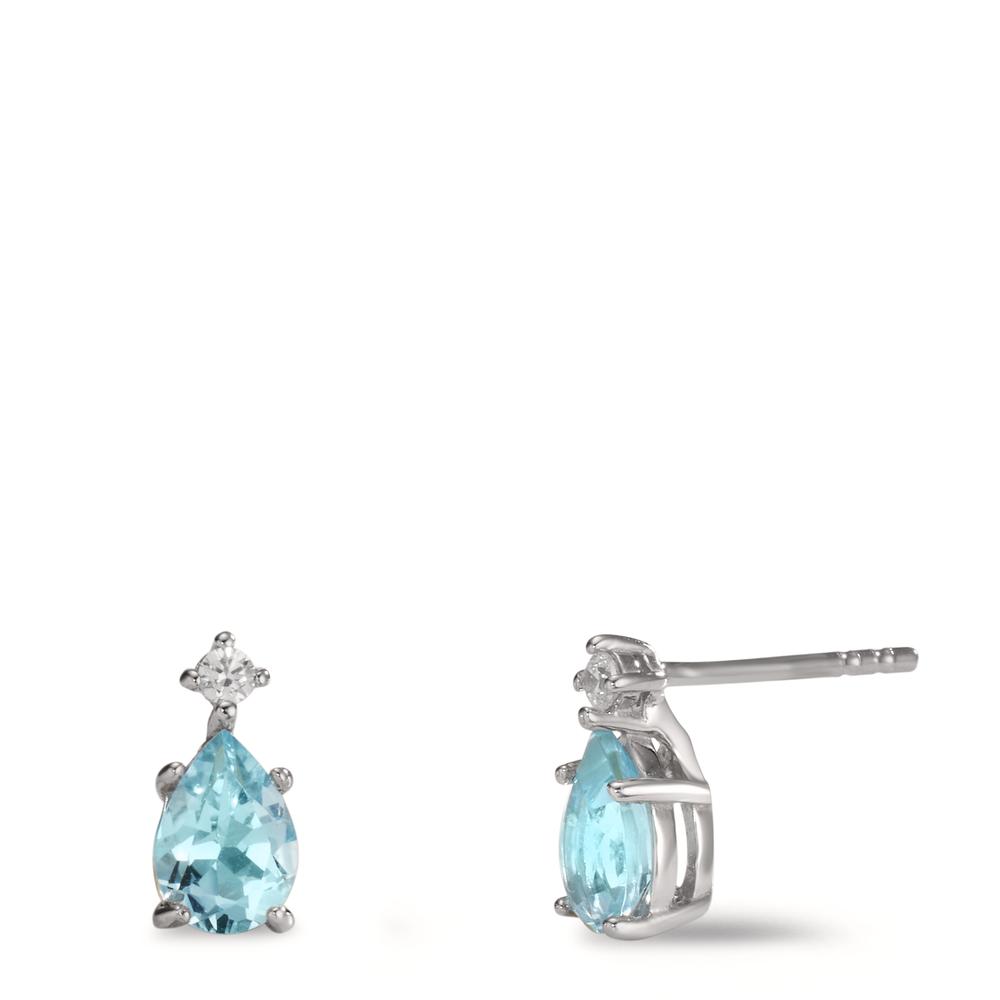 Clous d'oreilles Argent Zircone 2 Pierres, Topaze bleu, 2 Pierres Rhodié-608509