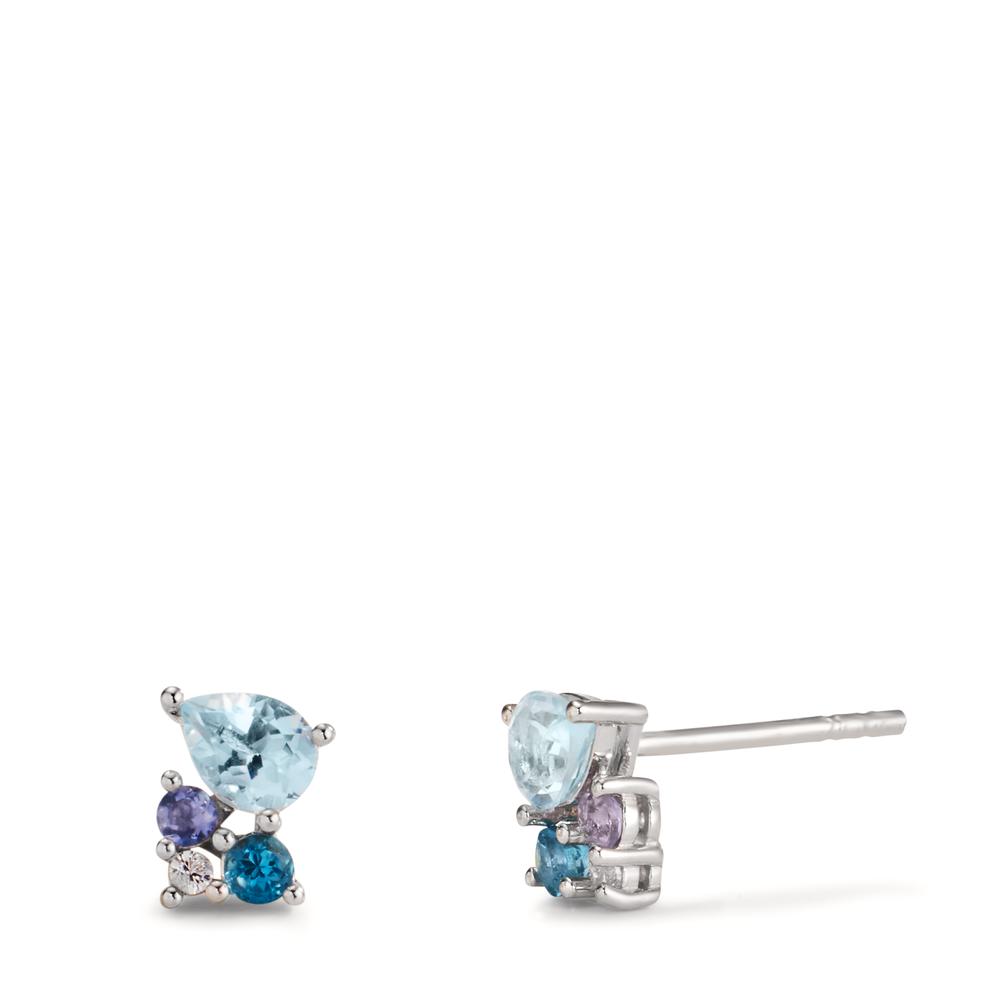 Clous d'oreilles Argent Zircone 2 Pierres, Lolite 2 Pierres, Topaze London Blue 2 Pierres, Topaze bleu Rhodié-608512