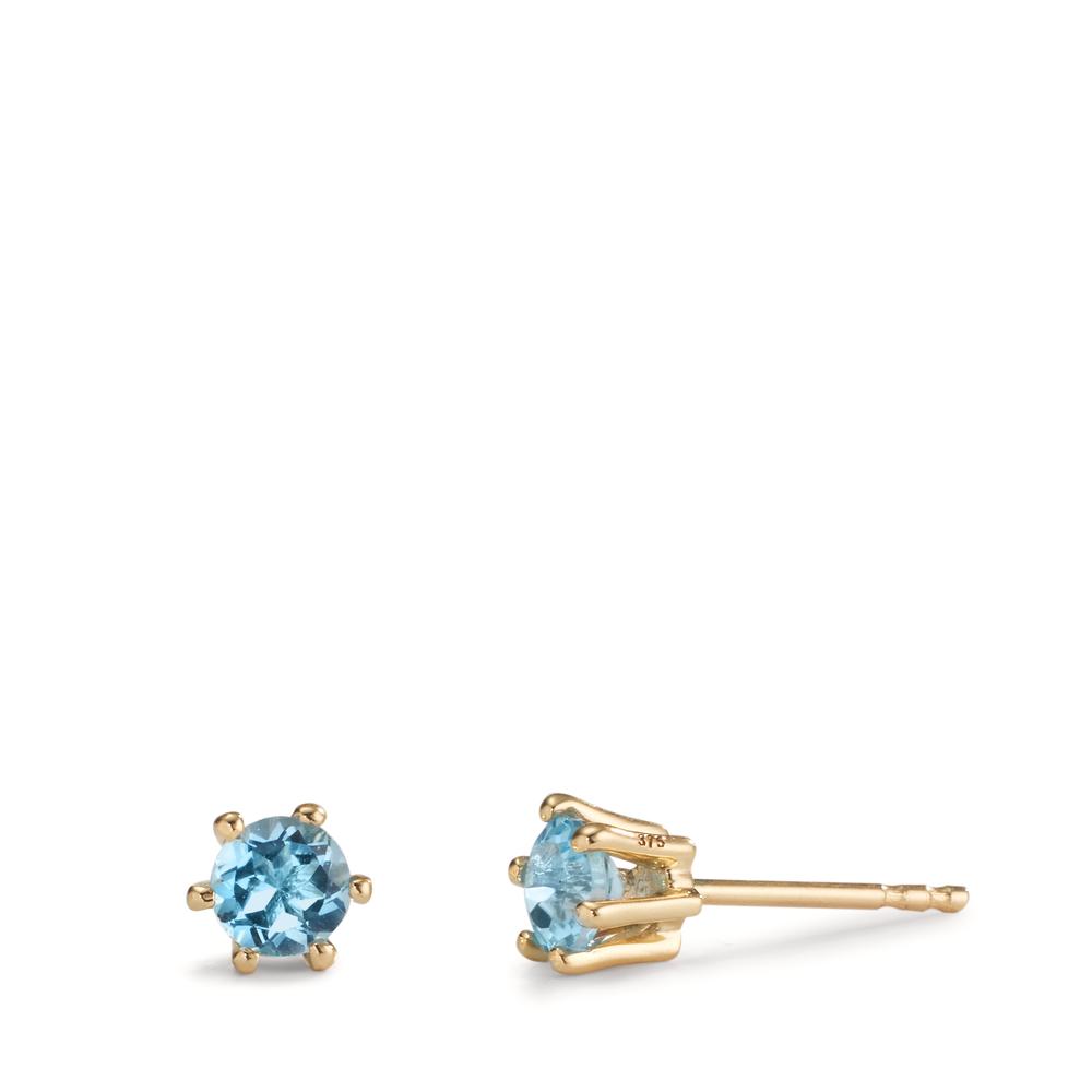 Clous d'oreilles Or jaune 9K Topaze bleu, 2 Pierres Ø4.5 mm-608523