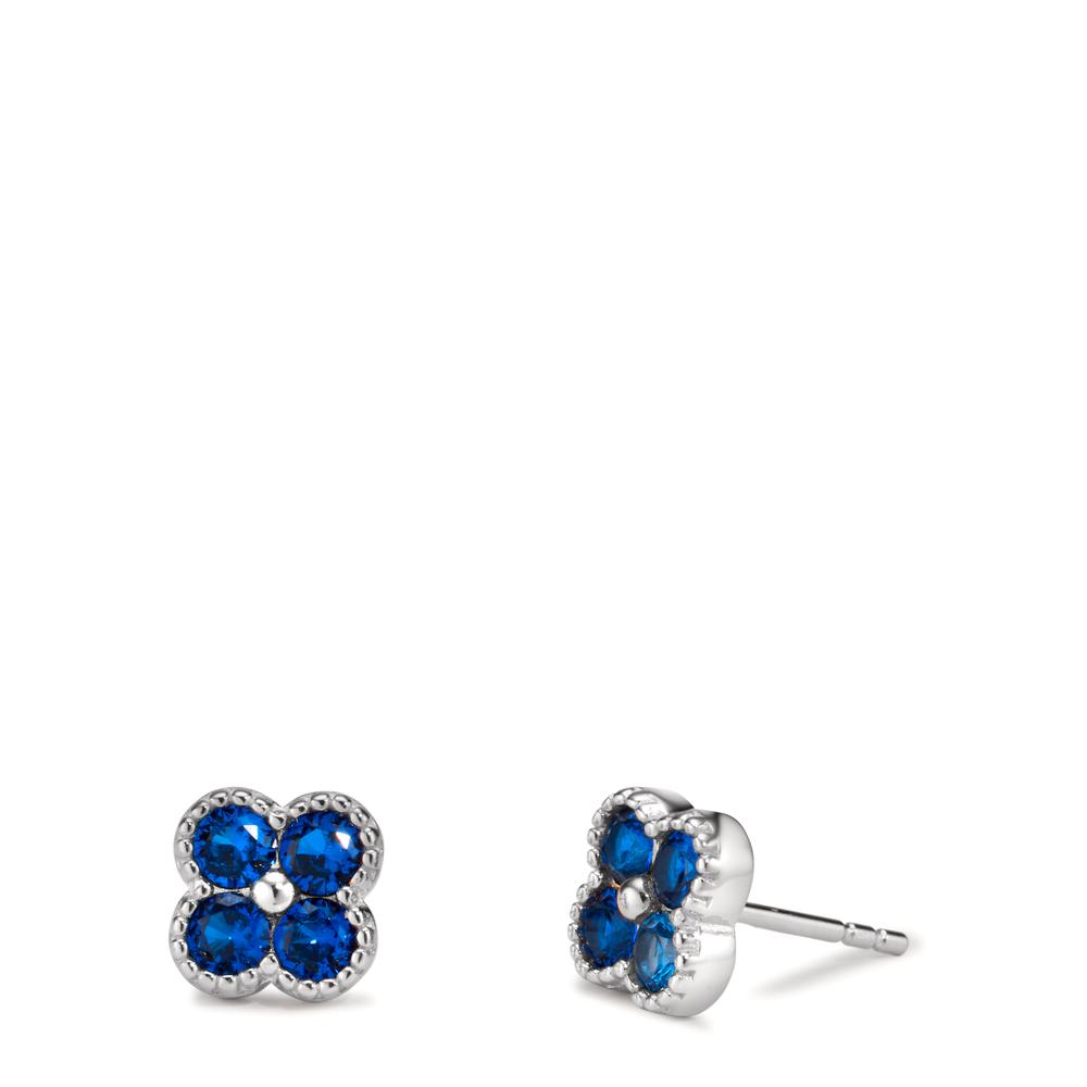 Clous d'oreilles Argent Zircone bleu saphir, 8 Pierres Rhodié Fleur Ø7.5 mm-608894
