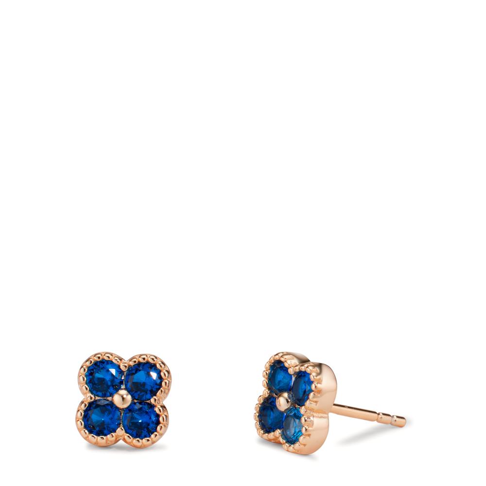 Clous d'oreilles Argent Zircone bleu saphir, 8 Pierres rosé Plaqué or Fleur Ø7.5 mm-608895