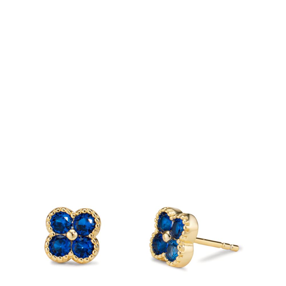 Clous d'oreilles Argent Zircone bleu saphir, 8 Pierres jaune Plaqué or Fleur Ø7.5 mm-608896