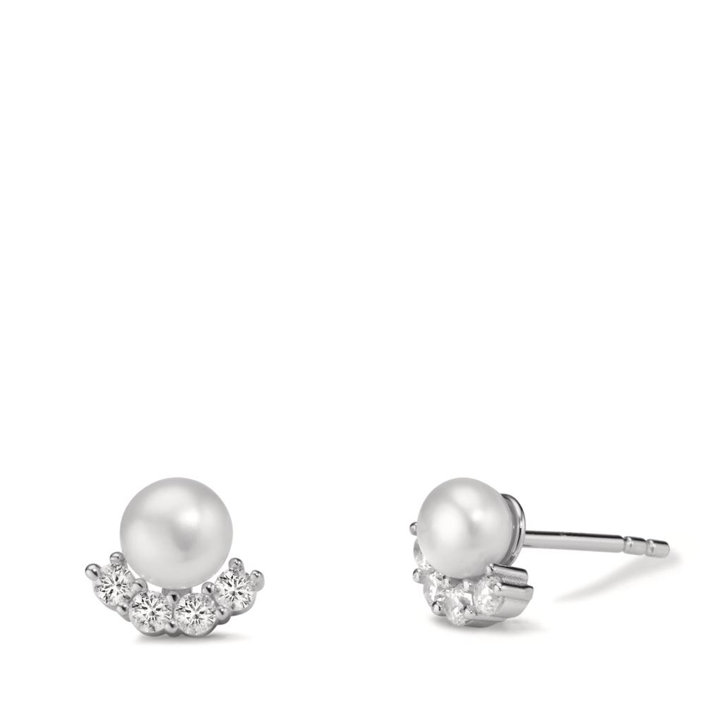Clous d'oreilles Argent Zircone 8 Pierres Rhodié perle d'eau douce, 2 Perles, 5 mm Ø8 mm-608939