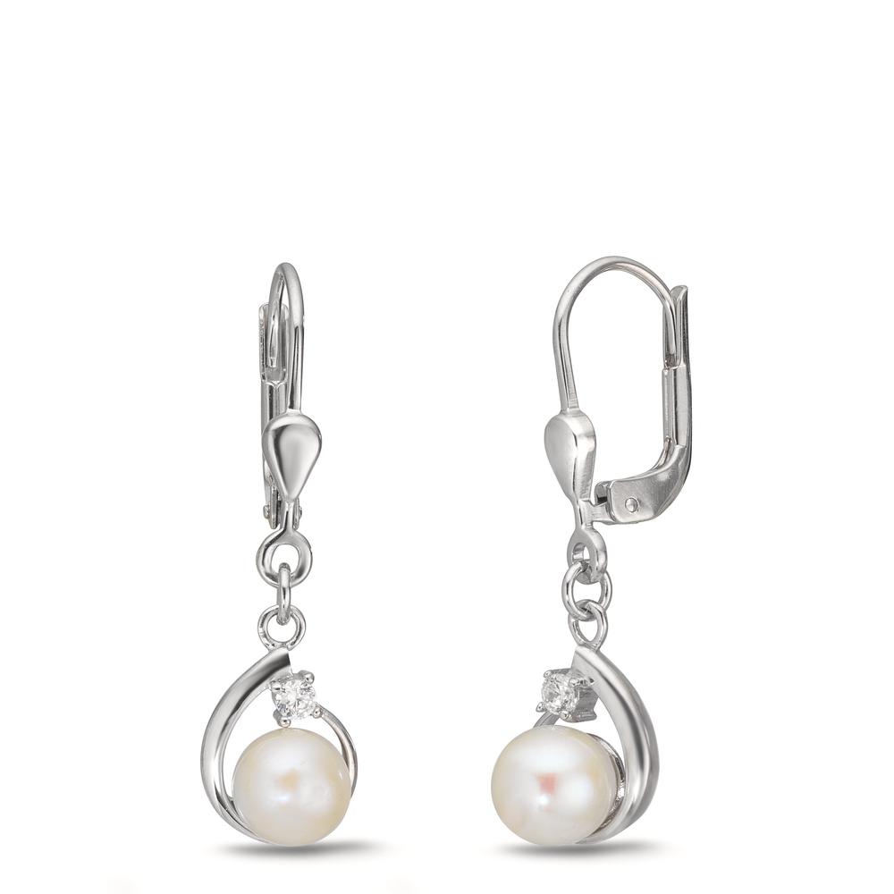 Pendant d'oreilles Argent Zircone 2 Pierres Rhodié perle d'eau douce, 2 Perles, 5.5 mm-610337