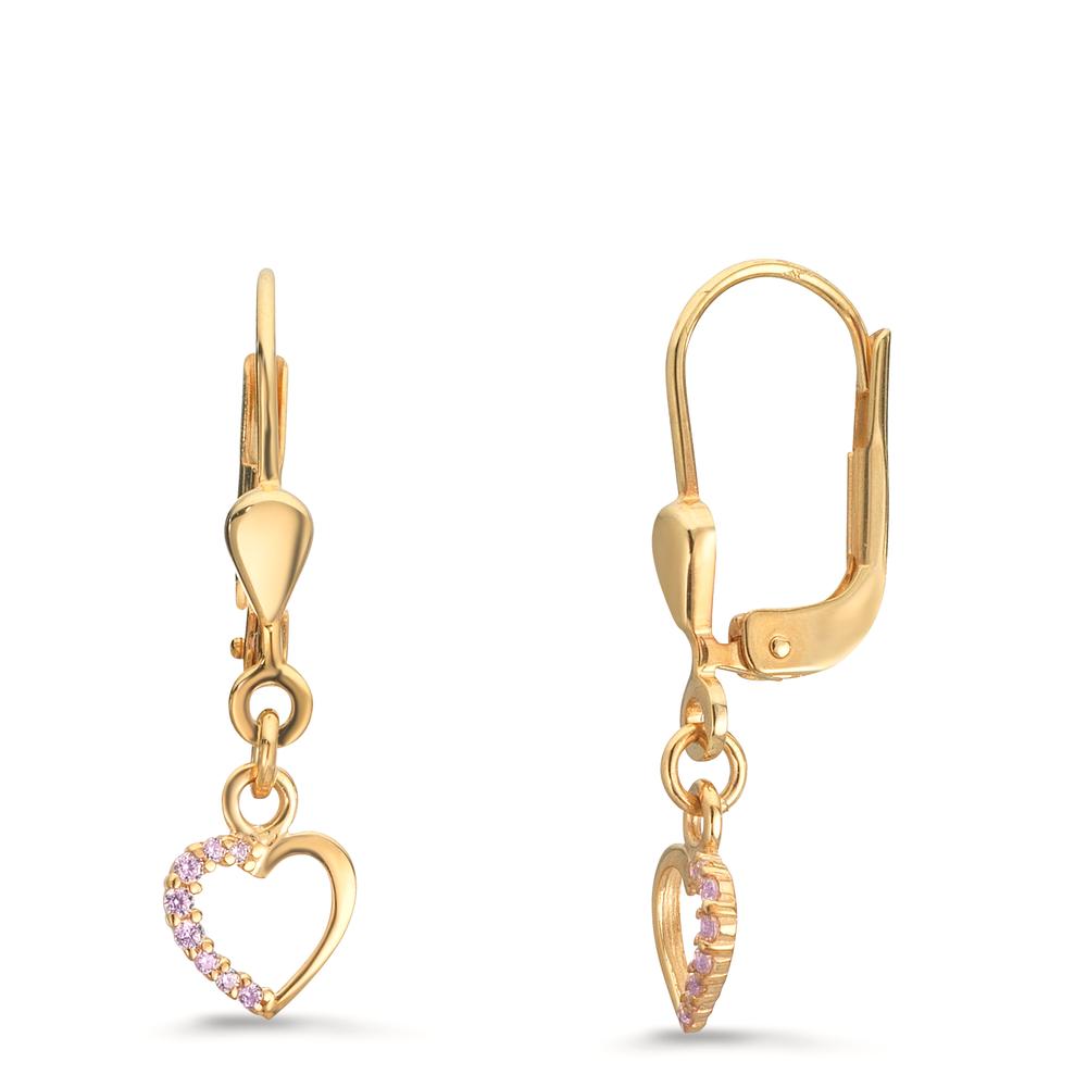 Pendant d'oreilles Or jaune 9K Zircone rose, rond-610404