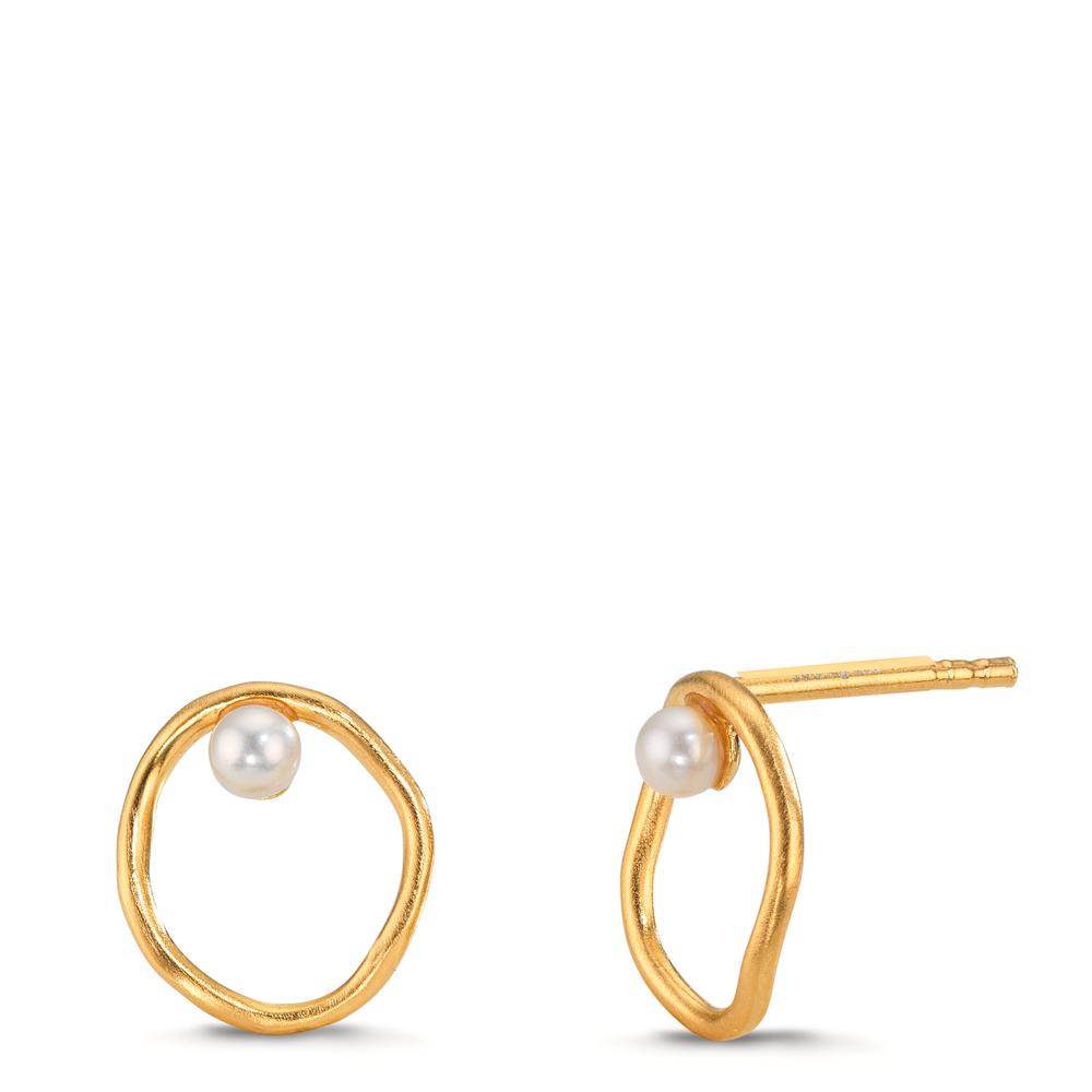 Clous d'oreilles Argent jaune Plaqué or perle d'eau douce blanc, 2 Perles, 3 mm Ø11 mm-610484