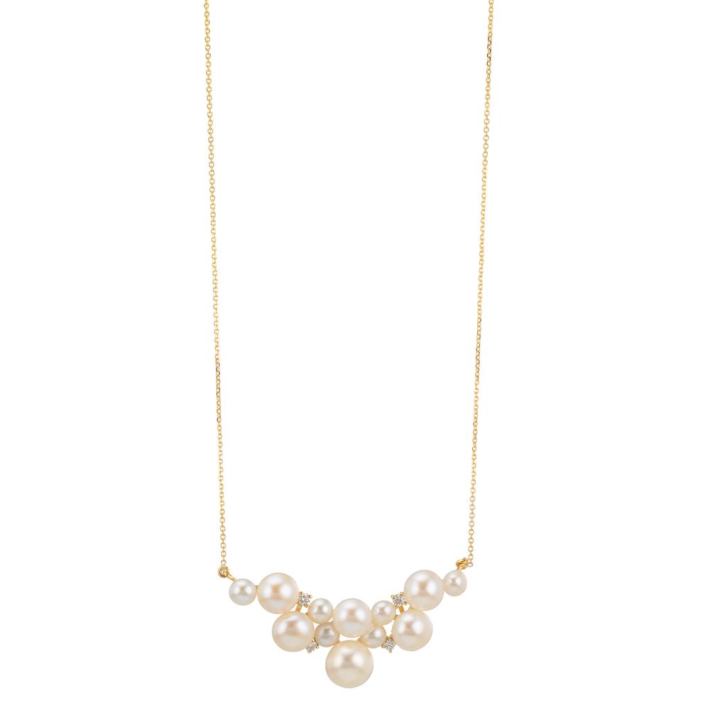 Collier Or jaune 18K Diamant 0.08 ct, 4 Pierres, w-si perle d'eau douce, 12 Perles 3.5-6.5 mm 42-45 cm-610597